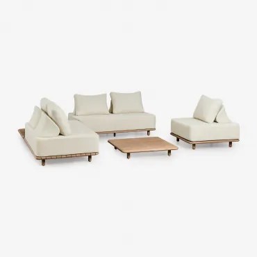 Tuinset Met Een 2-delige Modulaire Hoekbank, Bijzettafel, Fauteuil En Salontafel 95x95 Cm In Portet Acacia Gardenia Wit - Sklum