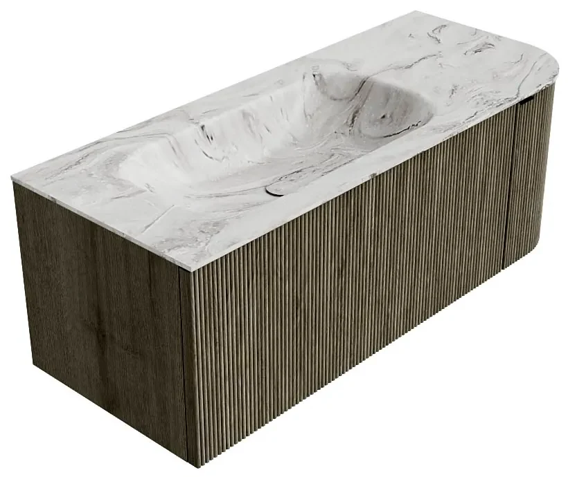 Mondiaz Kurve-dlux 115cm badmeubel ronding rechts shadow met 1 lade en deur en wastafel big small kraangat links glace