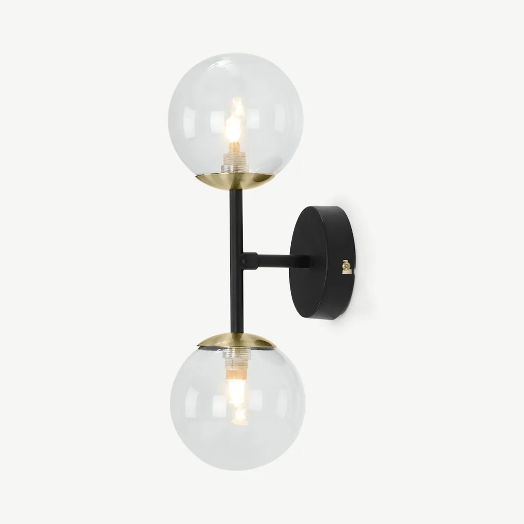 Globe wandlamp, zwart, antiek messing en rookglas