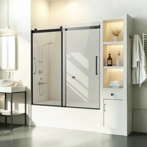 VEVOR Frameloze glazen schuifdeur voor bad of douche (1422-1524 x 1524 mm), schuifdeur voor bad of douche met 5/16 inch helder gehard glas en roestvrijstalen handgreep, zwarte afwerking