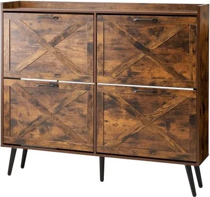 VEVOR schoenenkast met 4 deuren en kantelbeveiliging, ruimtebesparende schoenenkieper, vrijstaande schoenenrek-organizer voor entree, hal, woonkamer, veranda, vintage schoenenrek 120 x 24 x 105 cm bruin