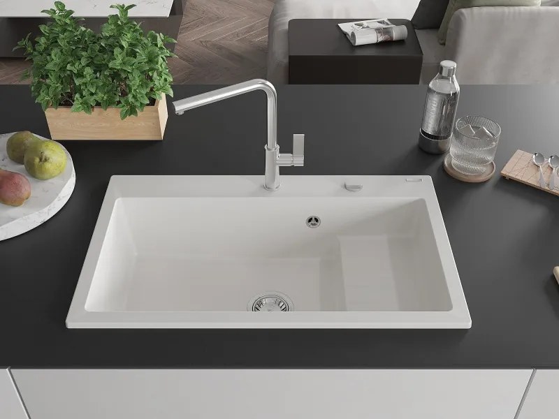 Mexen Omar granit gootsteen 1-komerig 800 x 480 mm, wit, sifon chroom - 6520801005-20