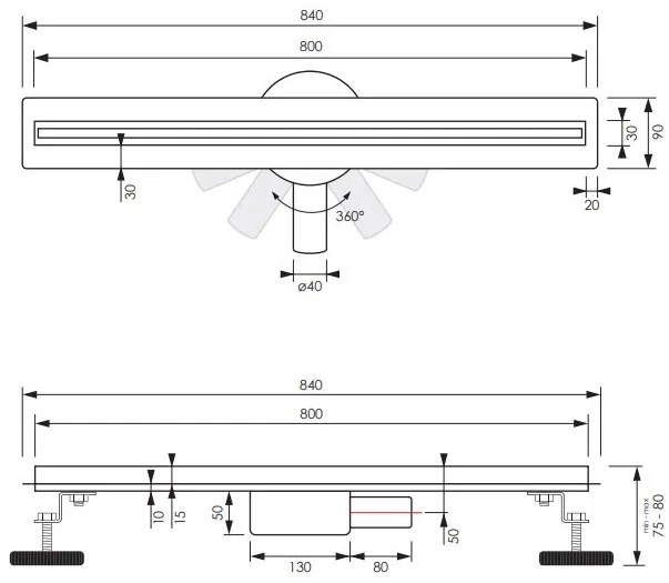 Brauer XS douchegoot 80cm met flens en draaibare sifon RVS geborsteld