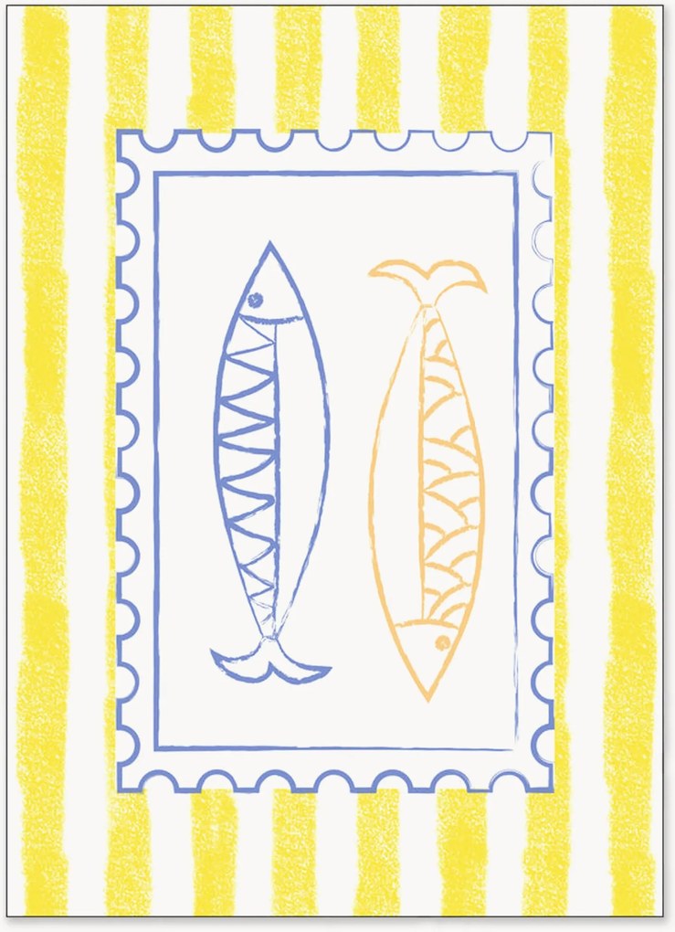 Ingelijste digitale print Blue and Yellow Fish Stamp on Yellow Stripes van Jolly and Dash