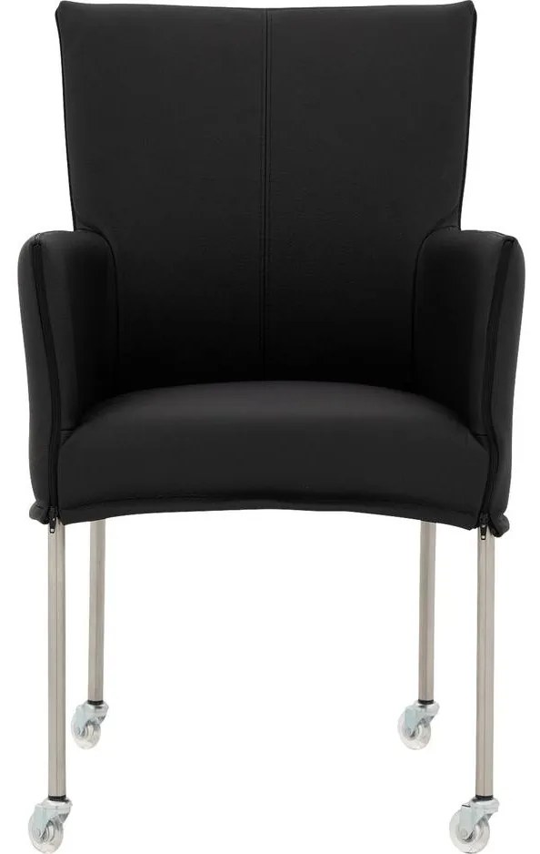 Goossens Eetkamerstoel Funk RVS Poten zwart leer met armleuning en Transparant skater wiel met rvs kapmet wielen, modern design