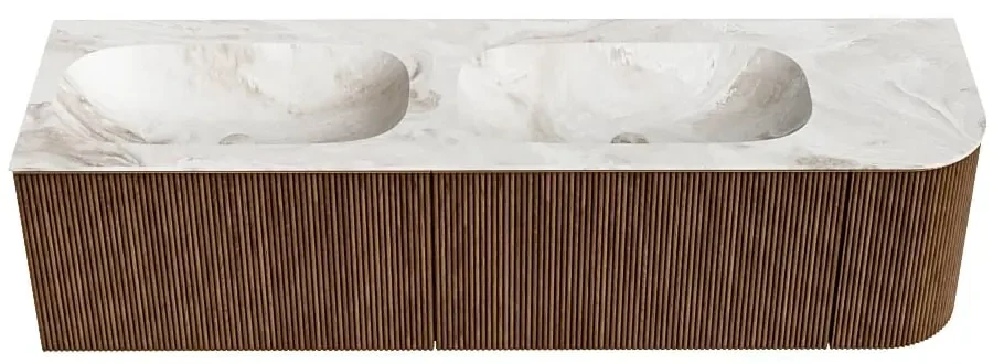 Mondiaz Kurve-dlux 165cm badmeubel ronding rechts walnut met 2 lades en 1 deur en wastafel stor small dubbel/links zonder kraangat frappe