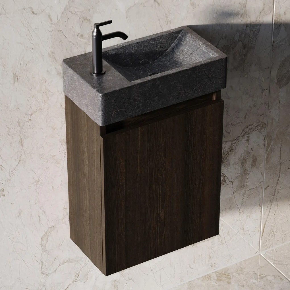 Fontana Recto toiletmeubel kasteel bruin 40x22cm met natuurstenen fontein links