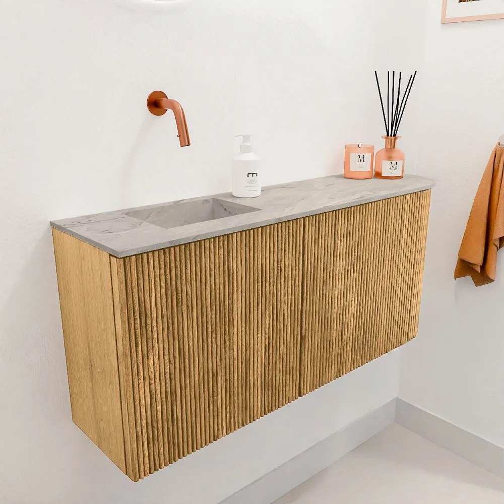 Mondiaz Joya DLux 90cm toiletmeubel ronding rechts oak met wastafel faye links zonder kraangat glace
