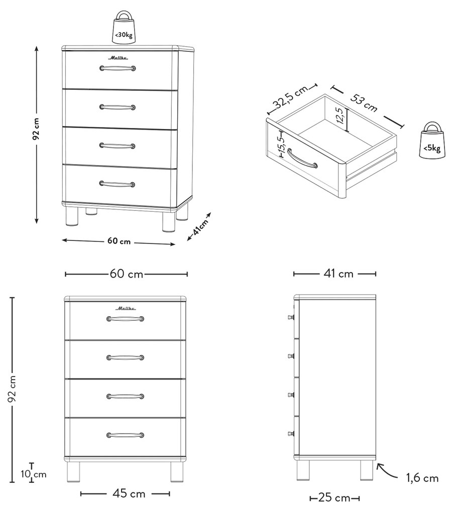 Tenzo Malibu Halfhoge Ladekast Zwart - 60x41x92cm.