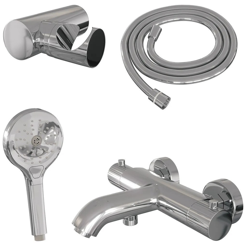 Brauer Stripe thermostatische badkraan met wandhouder en 3 standen handdouche chroom