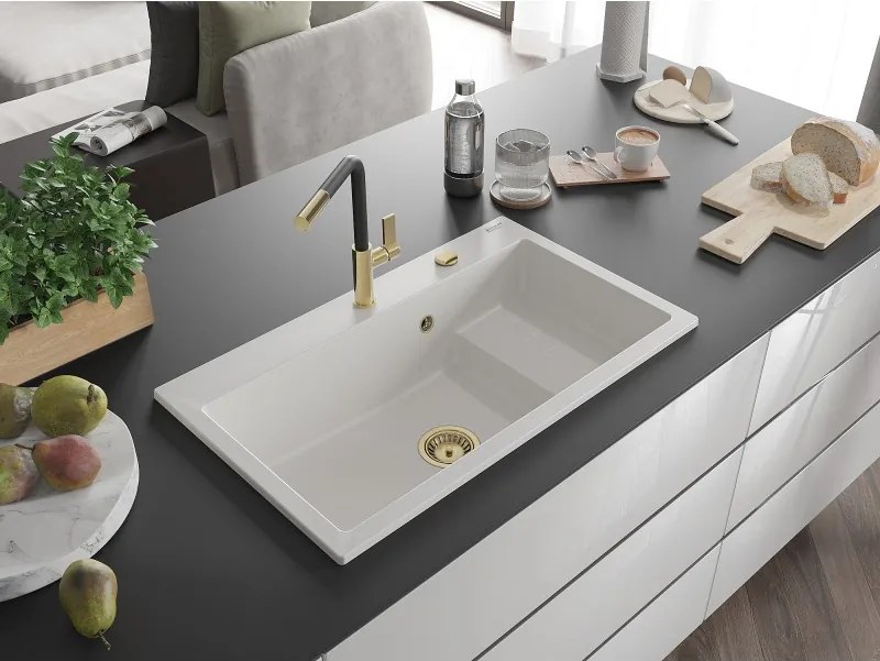 Mexen Omar granieten gootsteen 1-komorige 800 x 480 mm, wit, gouden sifon - 6520801005-20-G