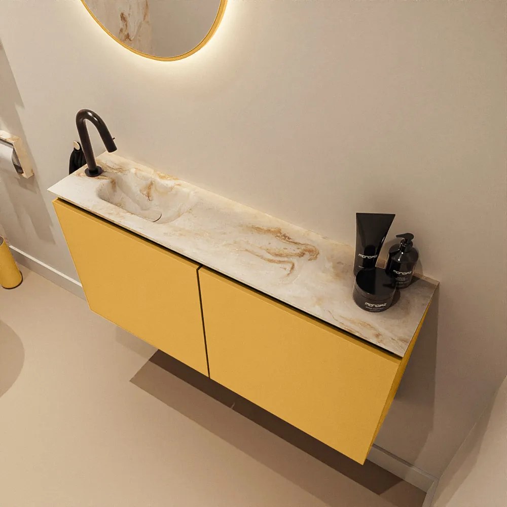 Mondiaz Ture DLux toiletmeubel 100cm ocher met wastafel frappe links met kraangat