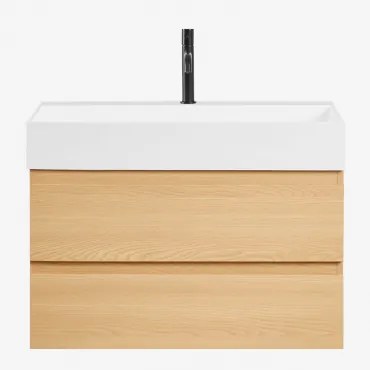 Ona Zwevend Badkamermeubelset Van Hout En Essenfineer Met Geïntegreerde Wastafel Natuurlijk Hout & Spiegelloze & Mat Zwart ↑20 - Sklum