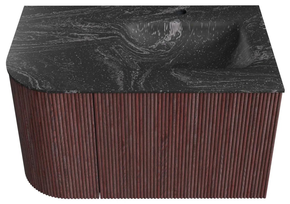 Mondiaz Kurve-dlux 75cm badmeubel ronding links ruby met 1 lade en deur en wastafel grunne kraangat rechts lava