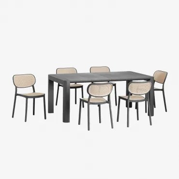 Rechthoekige 180x100 Cm Arnadine Tafelset En 6 Stapelbare Omara Tuinstoelen Van Polypropyleen Grijs – Grafiet - Sklum