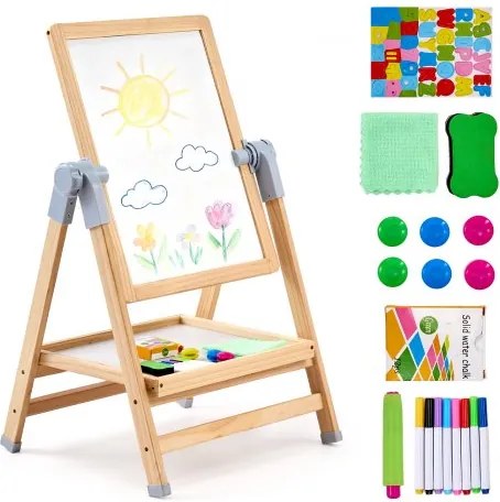 VEVOR kunst-ezel voor kinderen, 2-in-1 houten kunst-ezel, dubbelzijdig met magnetisch whiteboard en krijtbord, verstelbaar staand draaibaar opvouwbaar tekenbord met schilderaccessoires voor jongens en meisjes