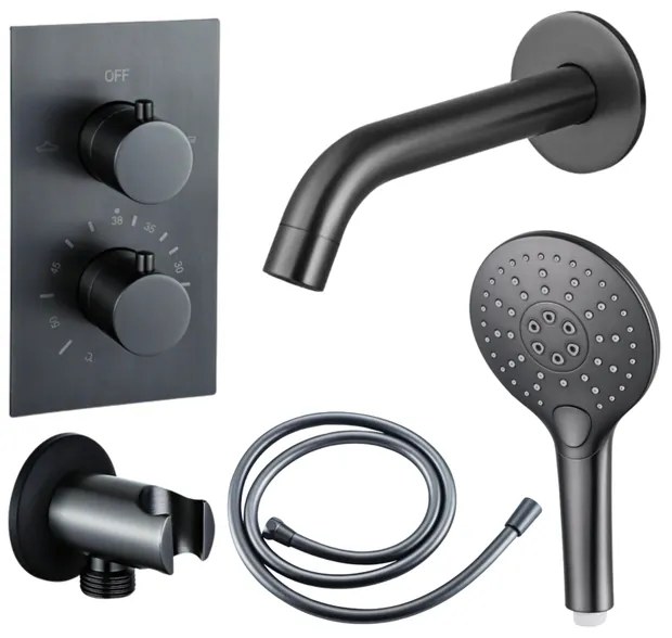 Fortifura Calvi Badkraan set - uitloop - 22cm inkortbaar - gladde slang - ronde handdouche - inbouwdeel - wandhouder - geborsteld gunmetal PVD SW721165/SW766536/SW799451/SW1122514/SW1159495