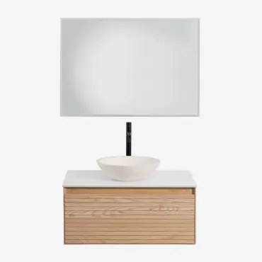 Tedrik Badkamermeubelset In Essenhout Ash Brown & Rond Cement Wit Ø40 Cm Zavion & Rechthoekige Led En Anticondens 100x70 Cm Tamsin & Zwart - Sklum