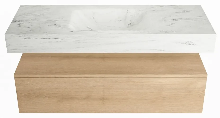 Mondiaz Alan DLux badmeubel 120cm washed oak 1 lade met wastafel opalo midden zonder kraangat