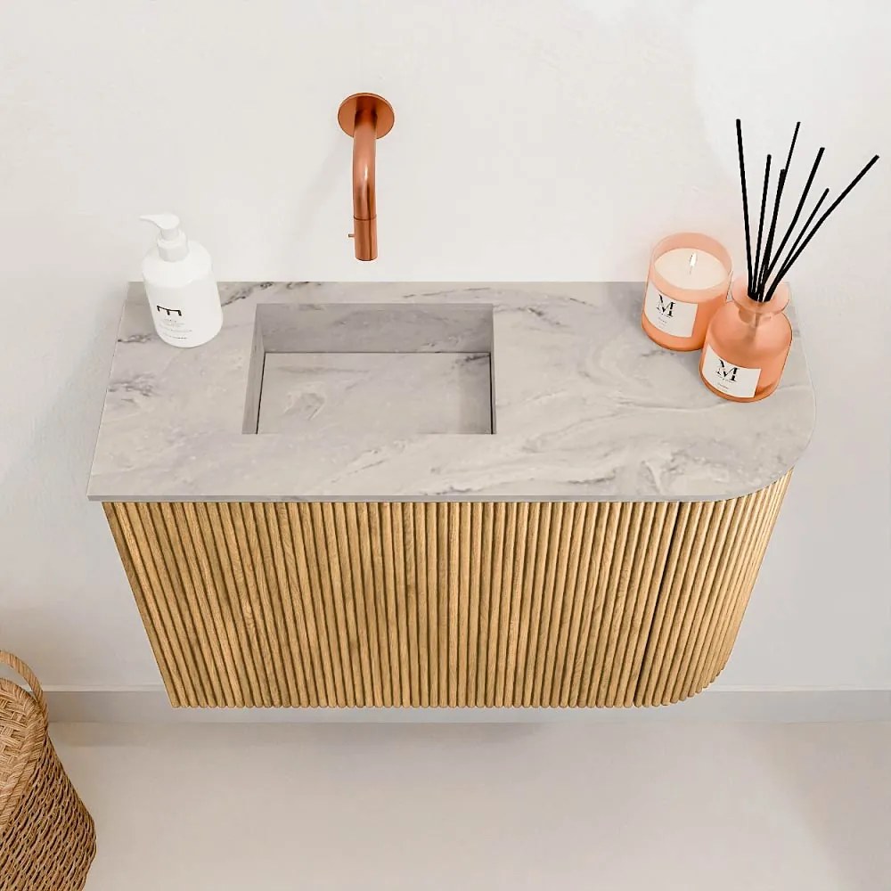 Mondiaz Joya DLux 60cm toiletmeubel ronding rechts oak met wastafel faye links zonder kraangat glace