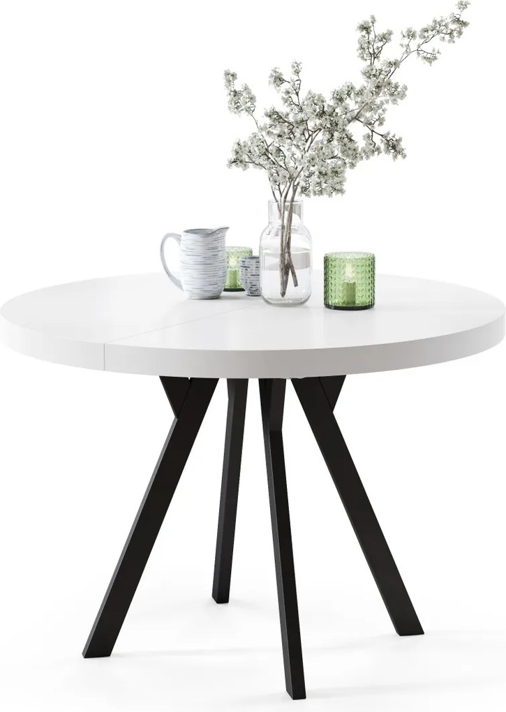 EXPANSO Wit mat/zwarte poten - GROTE RONDE TAFEL Ø110 UITBREIDBAAR TOT 310 cm met Y-POTEN LOFT/INDUSTRIAL