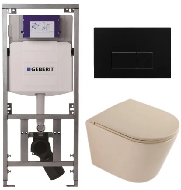 QeramiQ Dely Toiletset - 36.3x51.7cm - diepspoel - rimless - Geberit UP320 inbouwreservoir - softclose toilet zitting - metaal mat zwart bedieningsplaat - rechthoekige knoppen - mat beige SW1000764/SW1000770/0701131/SW706193