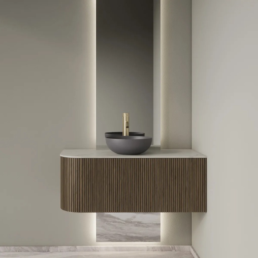 Gliss Design Alluro badmeubel ribbelfront met ronding links 100cm ash grey en wit marmer toppaneel
