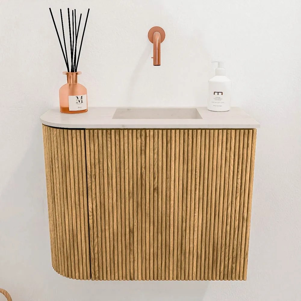 Mondiaz Joya DLux 50cm toiletmeubel ronding links oak met wastafel faye rechts zonder kraangat meli