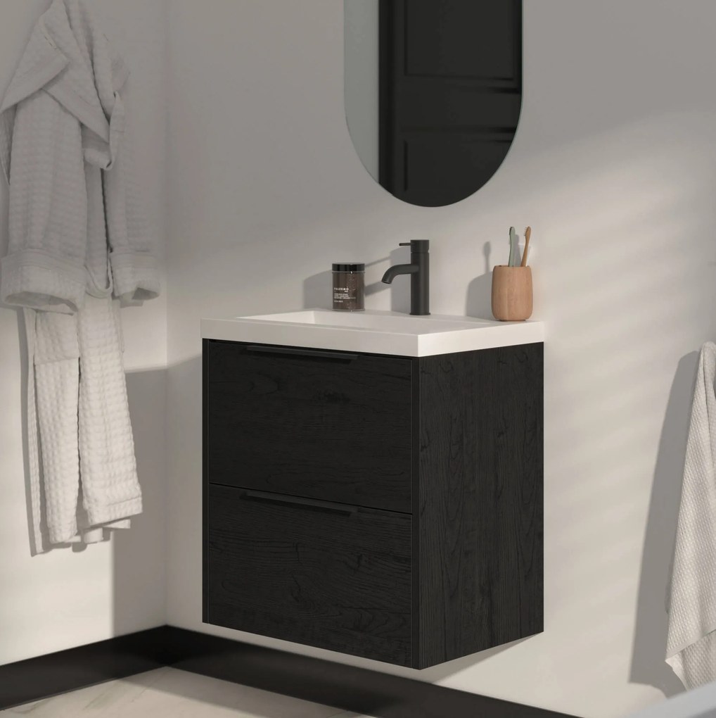 Saqu Lima ondiep badmeubel incl. glans witte wastafel 60x40x64cm eiken zwart – mat zwarte greep