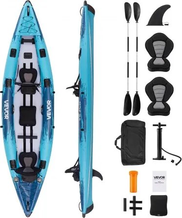 VEVOR Opblaasbare kajak, recreatieve kajak voor 2 personen, capaciteit 318 kg, lek- en lekvrij, met gevoerde zitting, PVC Drop Stitch-vloer, 2 peddels, handpomp en draagtas voor vissen en kamperen