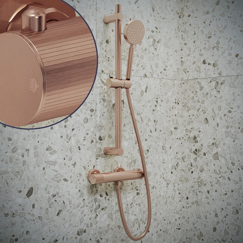 Saniclear Copper Stripes doucheset geborsteld koper met thermostatische kraan, handdouche en glijstang