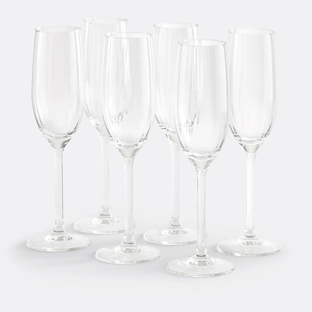 Set van 6 champagneglazen in glas met plooitextuur, Pliso