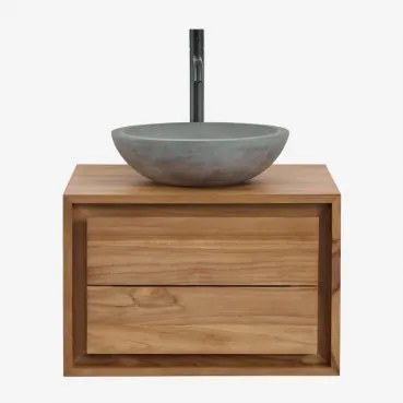 Jabari Zwevend Badkamermeubelset Van Teakhout Teakhout & Rond Grijs Cement Ø40 Cm Tarsis & Spiegelloze & Zwart ↑30 Cm Met - Sklum