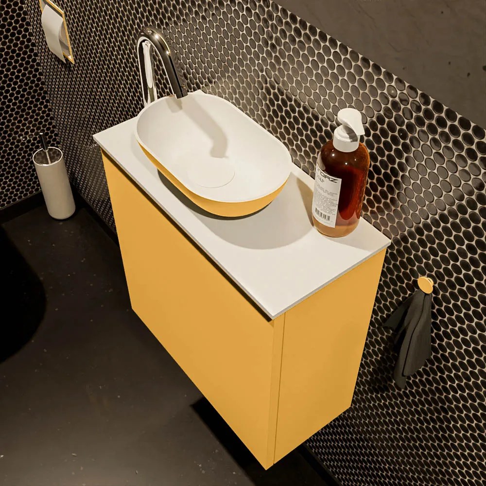 Mondiaz Fowy toiletmeubel 50cm ocher met gele waskom links en kraangat