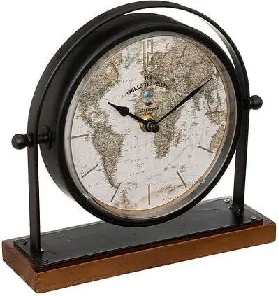 Atmosphera Tafelklok Earth Map – Staand – H21 x B7 x D21 cm – diameter 16 cm – Zwart – Glas/Metaal/MDF