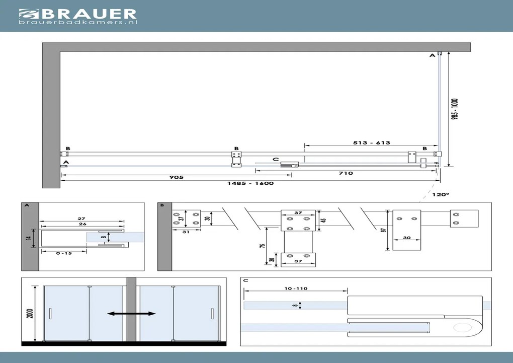 Brauer Stellar douchecabine met draaideur 160x100cm gunmetal geborsteld PVD