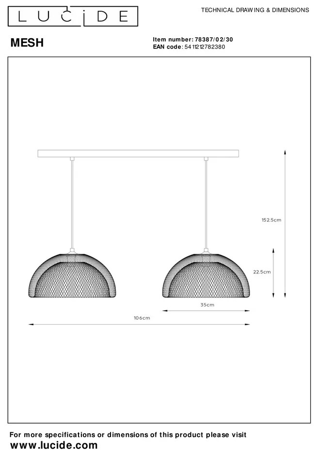 Lucide Mesh hanglamp 106cm 2x E27 zwart