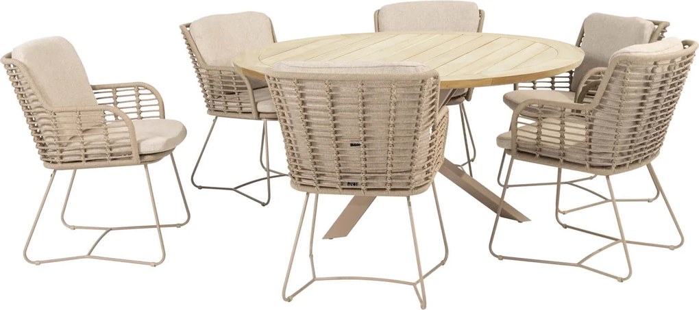 4 Seasons Outdoor Fabrice tuinset latte met Prado tafel met teak blad Ø 160 cm SALE Tuinset beige weerbestendig