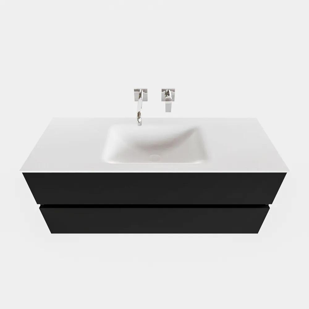 Zaro Valencia mat zwart badmeubel 120cm met Solid Surface wastafel zonder kraangat spoelbak midden 2 lades