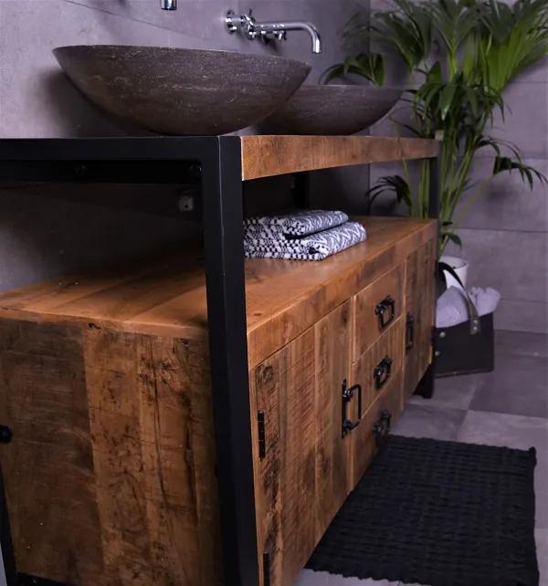 MD Interior Woodz badkamermeubel 135cm 0 kraangaten met 2 natuursteen waskommen