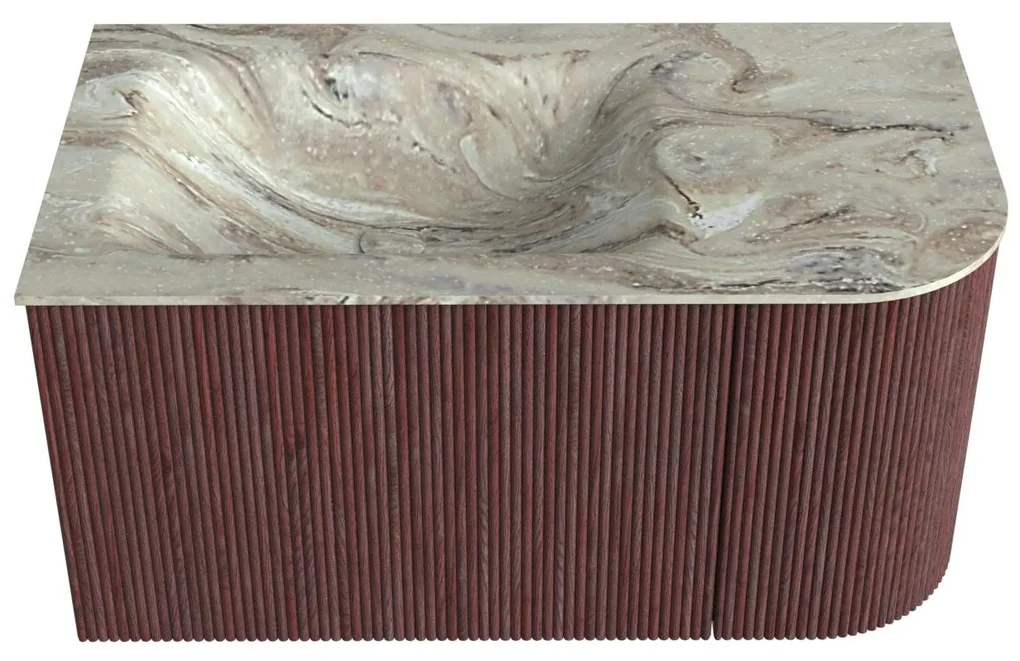 Mondiaz Kurve-dlux 85cm badmeubel ronding rechts ruby met 1 lade en deur en wastafel cloud links zonder kraangat glace