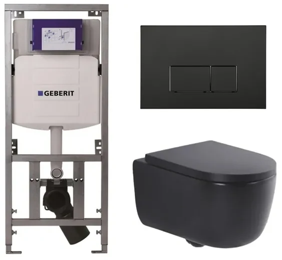 QeramiQ Dely Swirl Toiletset - 36.3x51.7cm - Geberit UP320 Burda inbouwreservoir - 35mm zitting - mat zwarte bedieningsplaat - rechthoekige knoppen - mat zwart SW1000769/SW1026258/0701131/SW706189