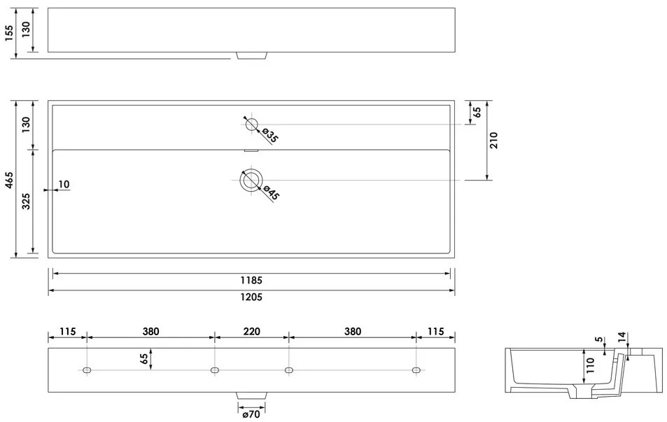 Brauer Lunar wastafel keramiek 120cm zonder kraangat zwart mat