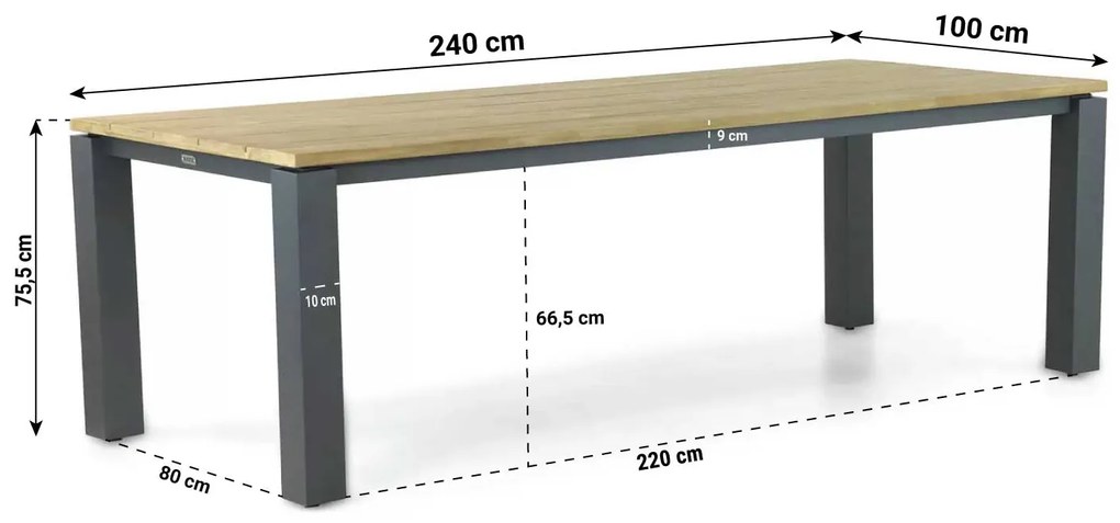 Dining Tuintafel   240 x 100 cm Aluminium/teak Old teak greywash  Riviera