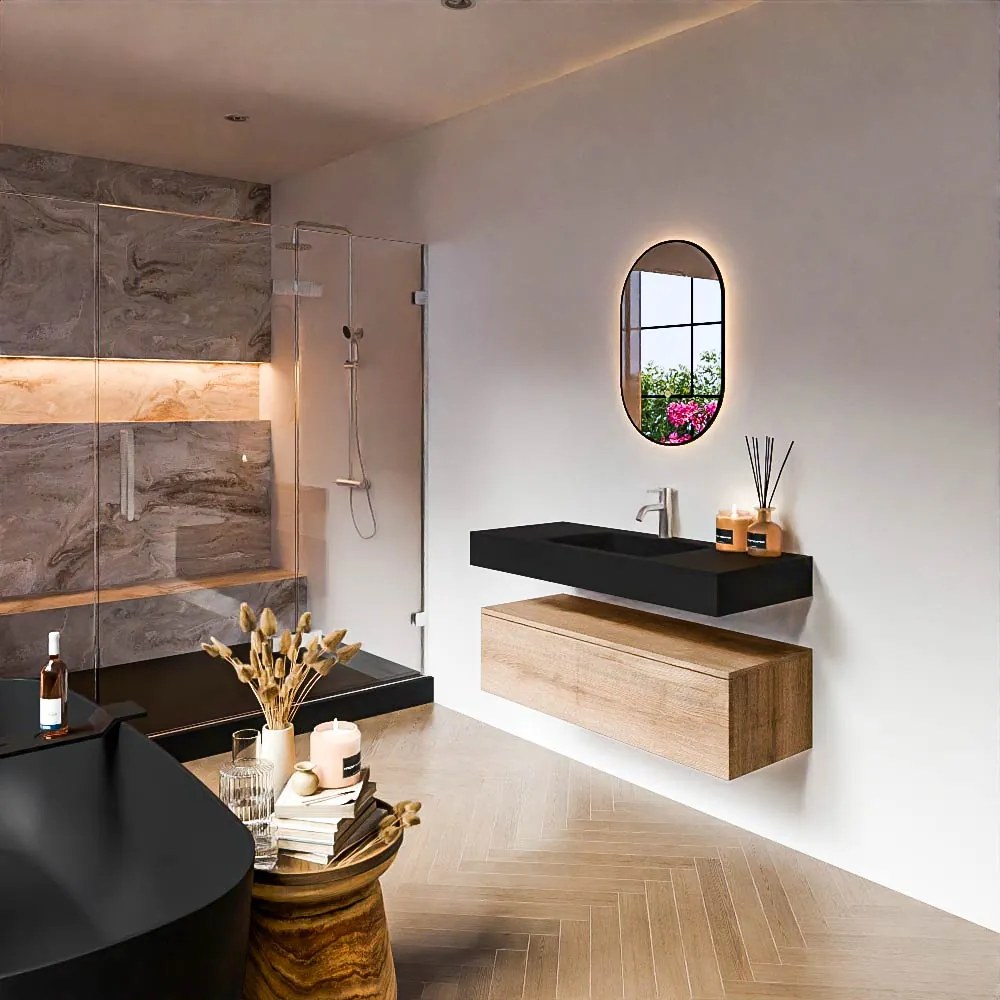 Zaro Alan badmeubel 110cm washed oak 1 lade met vrijhangende wastafel cloud midden 1 kraangat urban