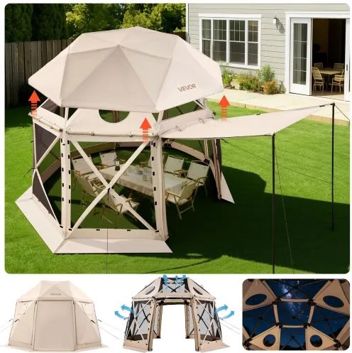 VEVOR Pop-up Paviljoen 3,6 x 3,6 m, 13-zijdige, bolvormige campingtent met afneembaar dak en draagtas, 360° ventilatie, zonwering, partytent voor 8-10 personen, beige