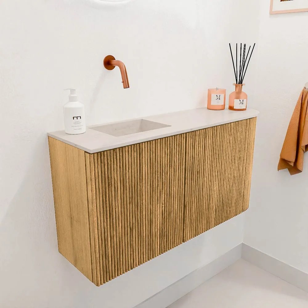 Mondiaz Joya DLux 80cm toiletmeubel ronding rechts oak met wastafel faye links zonder kraangat meli