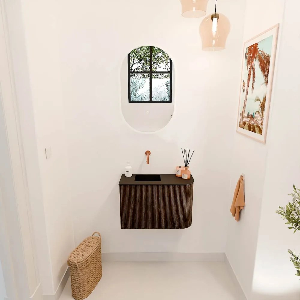 Mondiaz Joya 60cm toiletmeubel ronding rechts walnut met wastafel faye links zonder kraangat urban