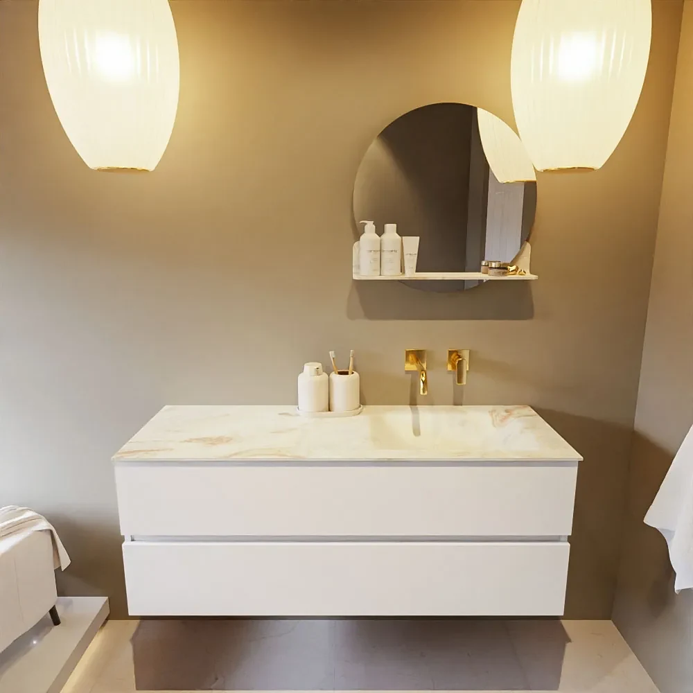 Mondiaz Vica DLux badmeubel 130cm talc 2 lades met wastafel frappe rechts zonder kraangat