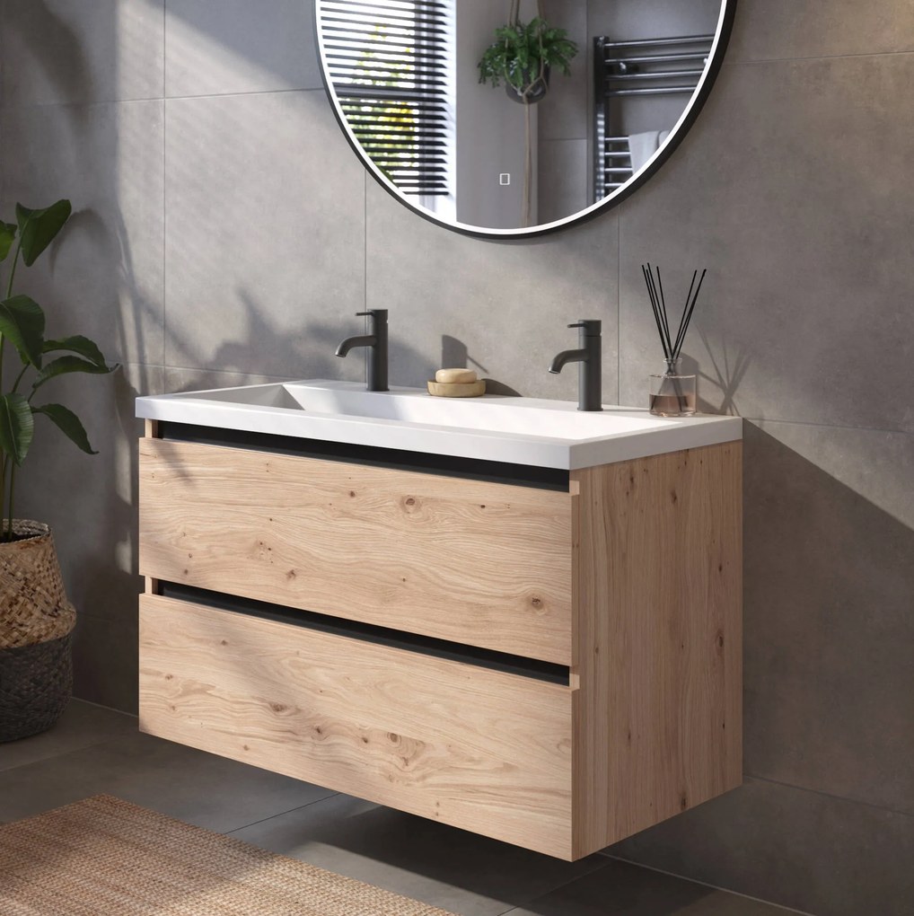 Saqu Gaia badmeubel incl. glans witte wastafel met 2 kraangaten 100x52x64cm naturel eiken – zwarte greeplijst